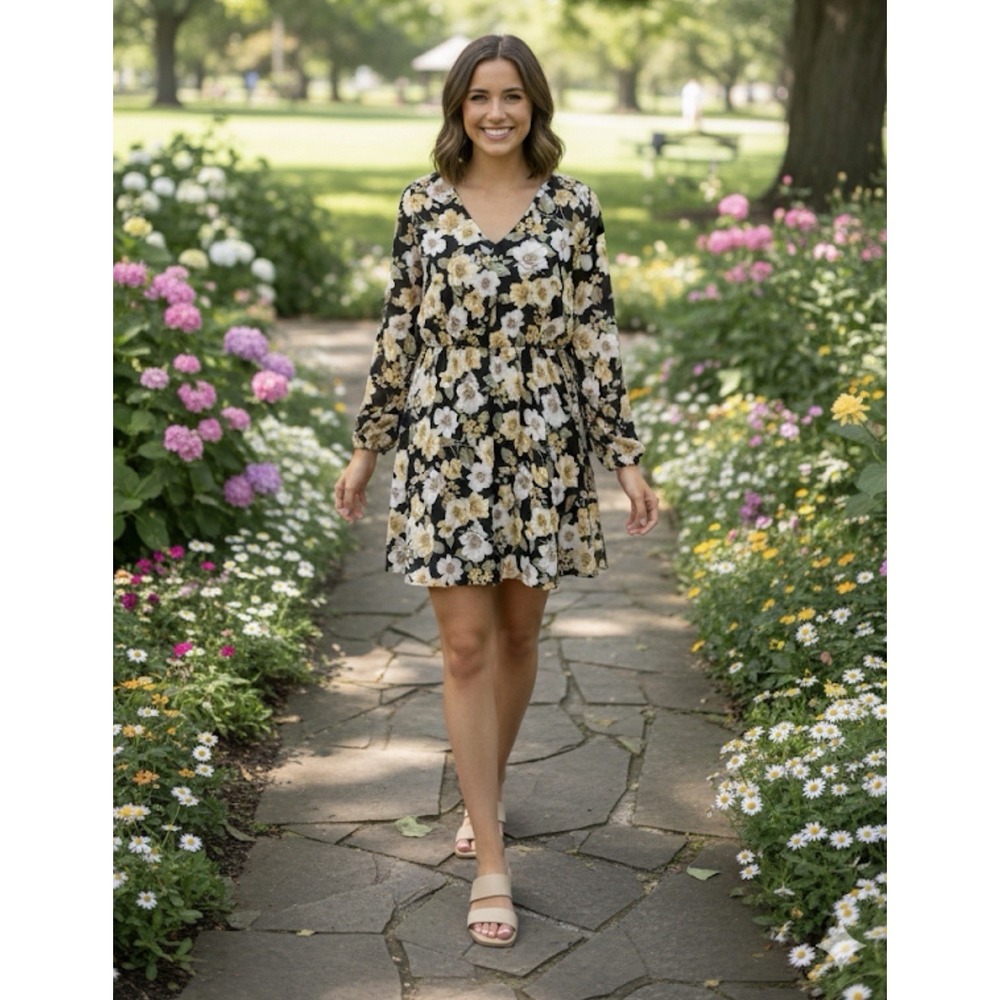 Forever 21 Floral Dress Mini Sz L/XL 10 V Neck 3/4 Sleeve Elastic Waist Pullover
